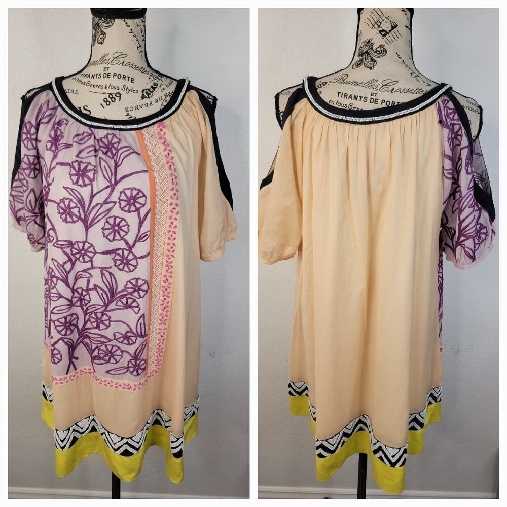 LEIFNOTES Anthropologie Shift Dress Sz 6 Brimming Borders Beaded Patchwork Boho